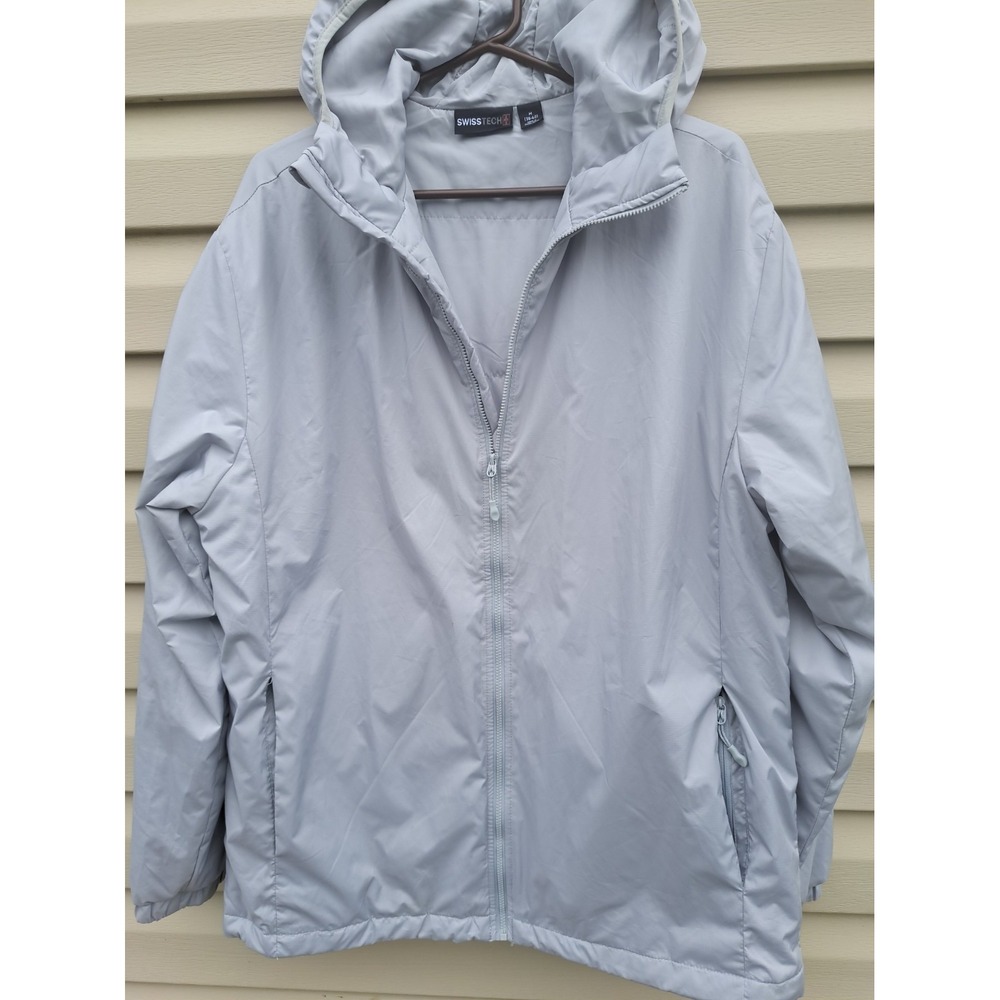 Swiss Tech Mens Gray Hooded Full Zip Rain Windbreaker Jacket Insulated Medium